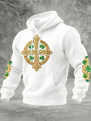 Men's St Patrick's Day Shamrock Celtic Knot Cross Print Checkered Cotton Hoodie