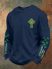 Men's St. Patrick's Day Shamrock Cross Print Waffle Knit Sweatshirt