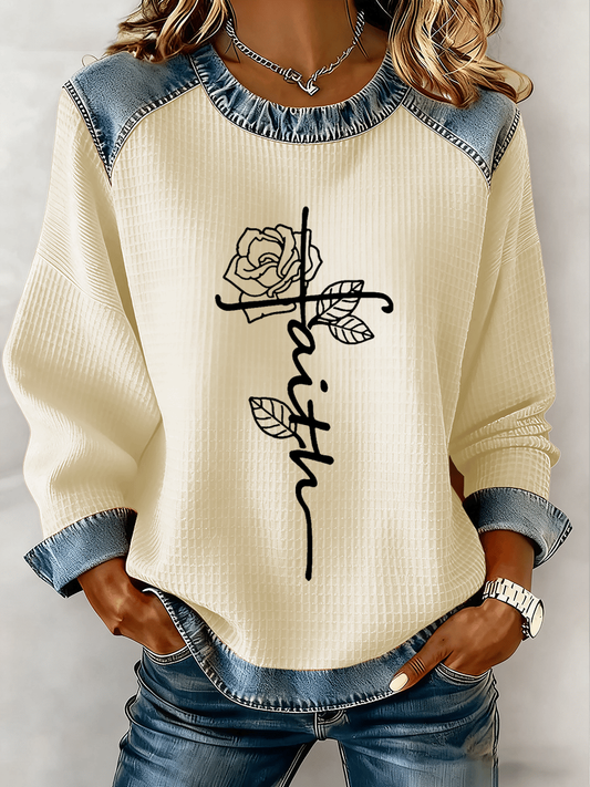 Women's Jesus Cross Flowers Denim Patchwork Top