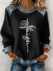 Women's Jesus Cross Flowers Denim Patchwork Top