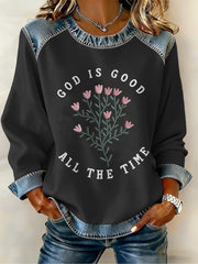 Women'S God Is Good Casual Denim Patchwork Top