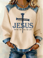 Women's Jesus The Way The Truth The Life Cross Denim Waffle Patchwork Top