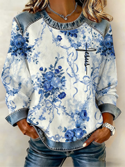 Women's Cross Flowers Denim Patchwork Top