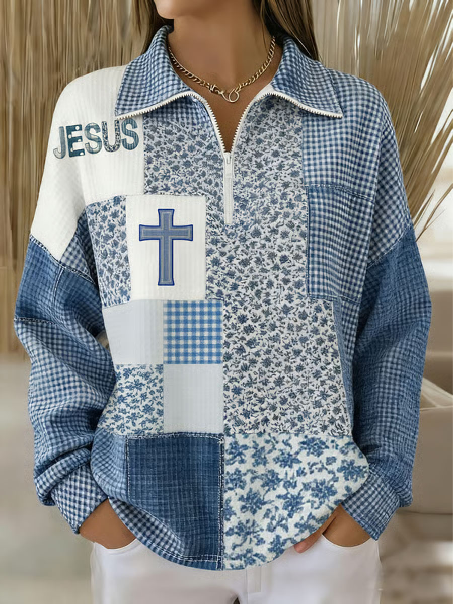 Women's Winter Blue and White Floral Jesus Cross Print Lapel Top