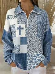 Women's Winter Blue and White Floral Jesus Cross Print Lapel Top