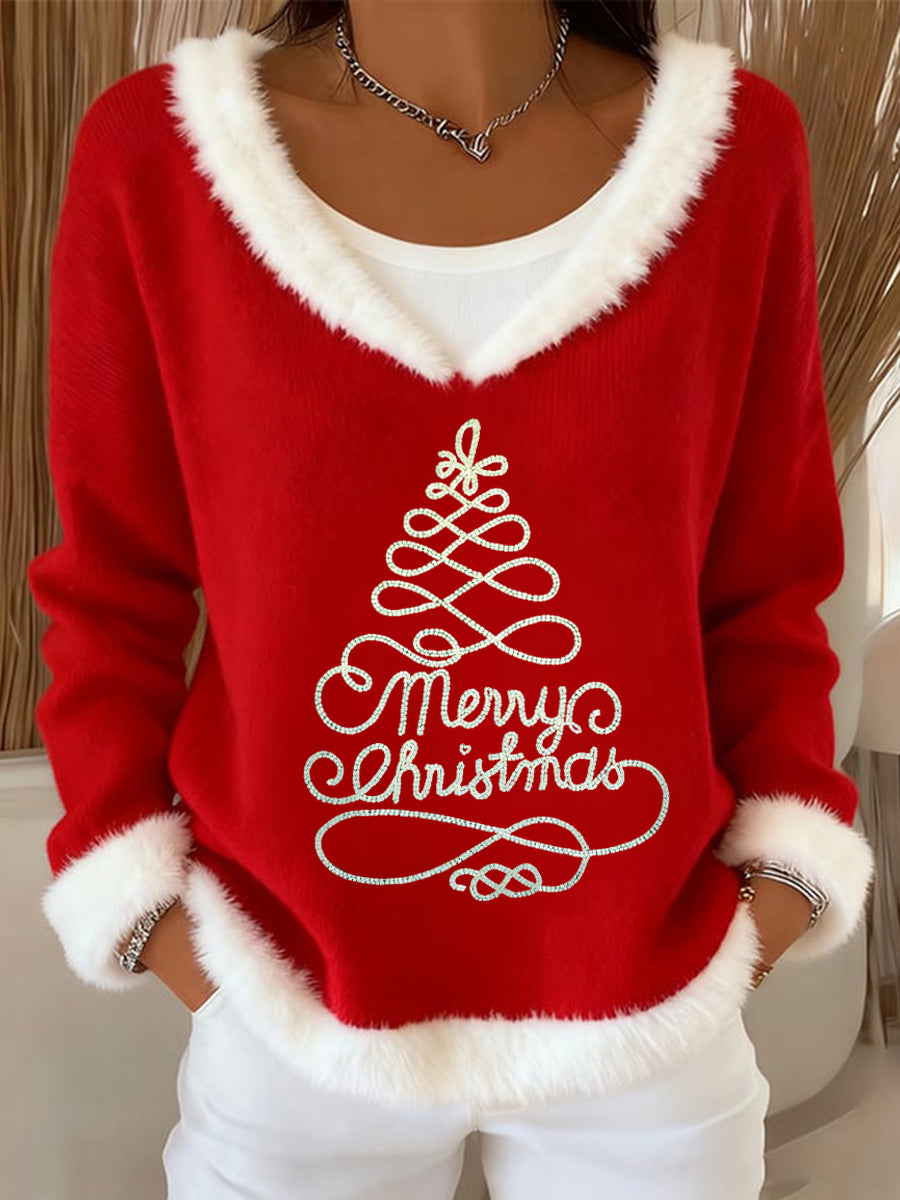 Women's Merry Christmas Art Casual Fur Collar Top