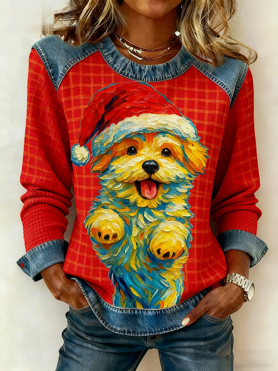 Women's Vintage Christmas Dog Denim Patchwork Sweatshirt