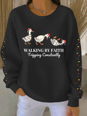Women's  Funny Christmas Goose Walking By Faith Tripping Constantly Ribbed Round-Neck Sweatshirt