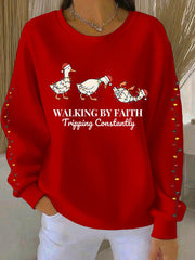 Women's  Funny Christmas Goose Walking By Faith Tripping Constantly Ribbed Round-Neck Sweatshirt