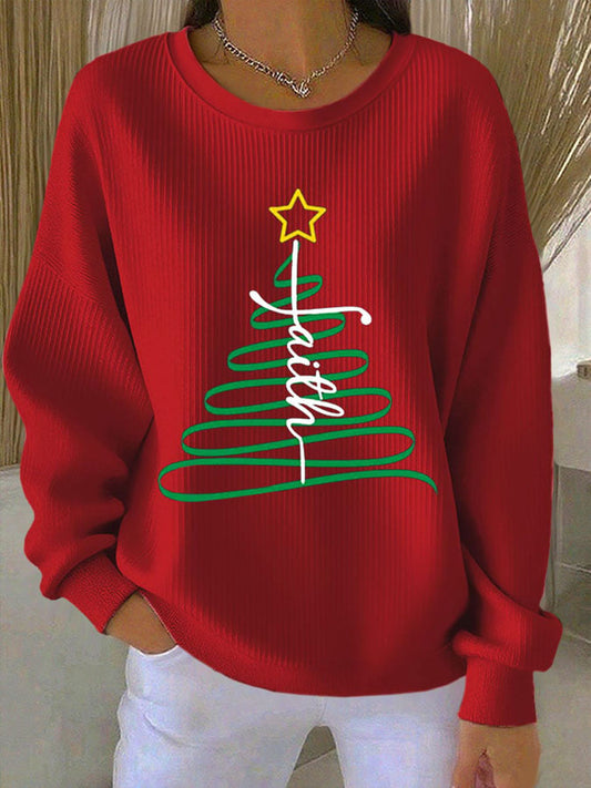 Women's Faith Christmas Tree Ribbed Round-Neck Sweatshirt