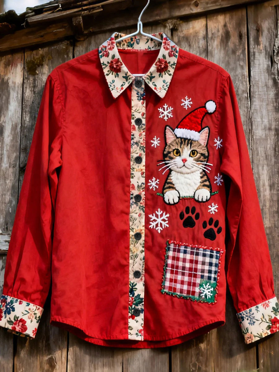 Women's Christmas Cat Print Casual Shirt