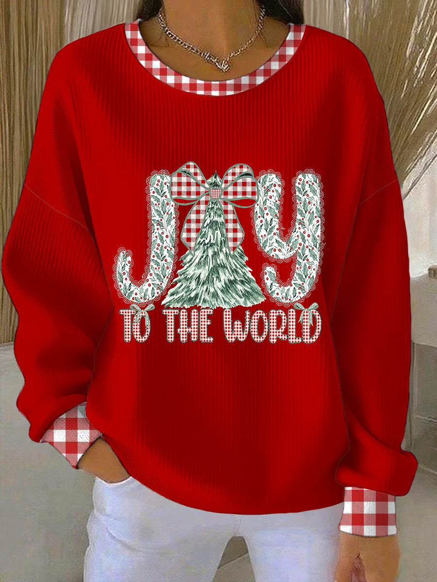 Women's Coquette Jesus Christmas Joy To The World  Ribbed Round-Neck Sweatshirt