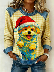 Women's Vintage Christmas Dog Denim Patchwork Sweatshirt