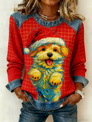 Women's Vintage Christmas Dog Denim Patchwork Sweatshirt