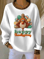 Women's Casual Thanksgiving Ribbed Round-Neck Sweatshirt