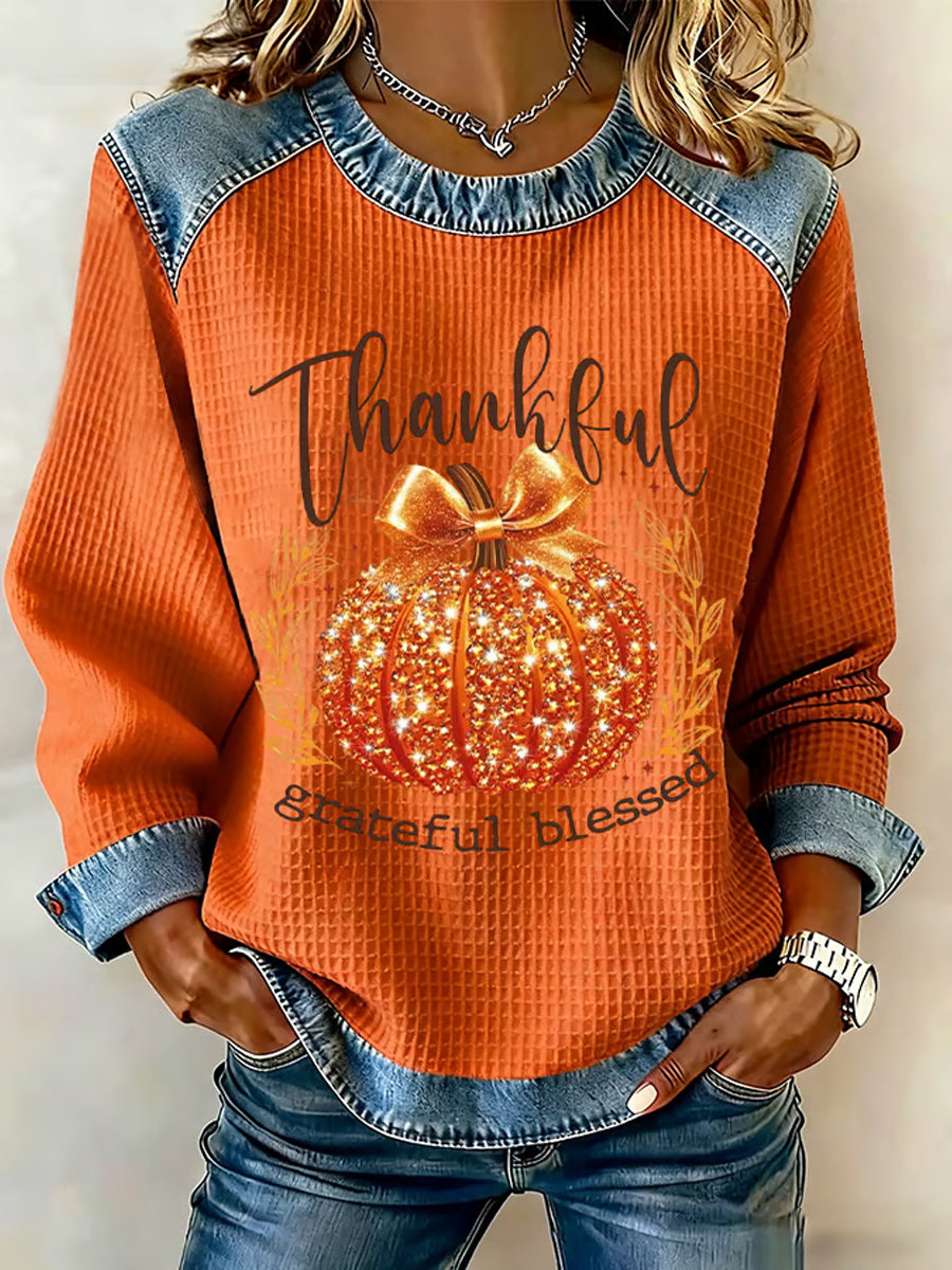 Women's Thanksgiving Pumpkin Thankful Grateful Blessed Printed Denim Patchwork Waffle Top