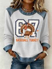 Women's Thanksgiving Baseball Turkey Denim Patchwork Waffle Top