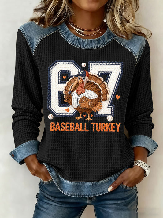 Women's Thanksgiving Baseball Turkey Denim Patchwork Waffle Top