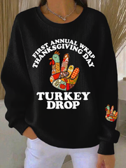 Women's Thanksgiving Turkey Print Casual Ribbed Round-Neck Sweatshirt
