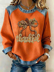 Women's Thanksgiving Pumpkin Thankful Grateful Blessed Printed Denim Patchwork Waffle Top