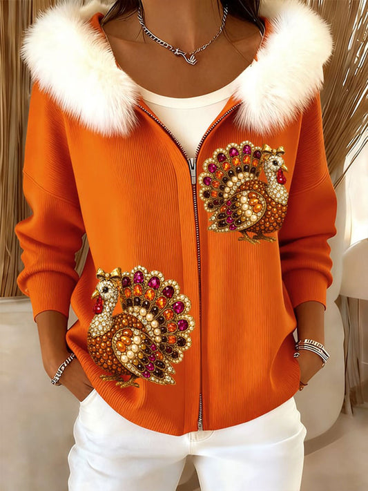 Women's Thanksgiving Turkey Print Hoodie With Fur Collar