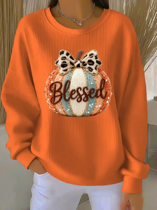 Women's Fall Thanksgiving Pumpkin Print Pocketless Sweatshirt
