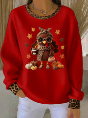 Women's Thanksgiving Print Ribbed Round-Neck Sweatshirt