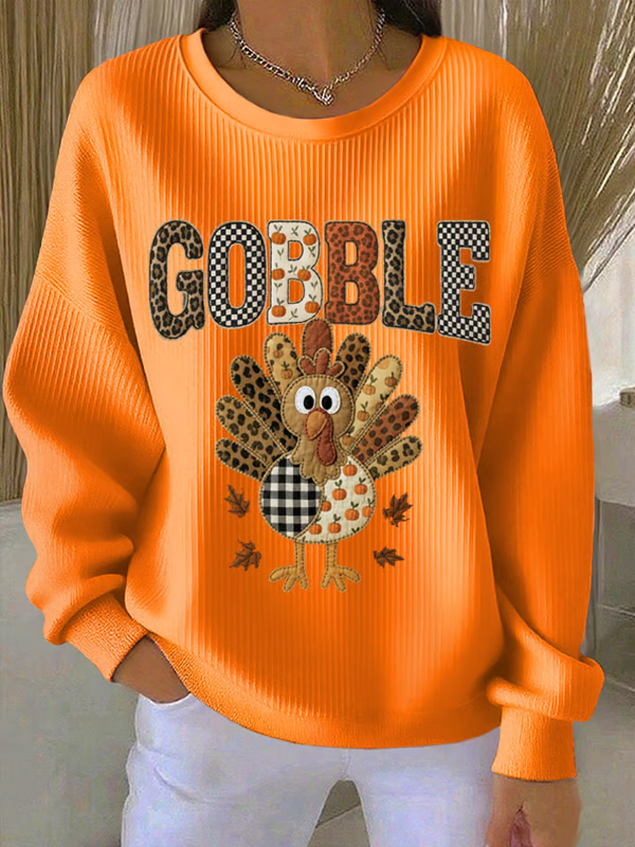 Women's Thanksgiving Print Lapel Long Sleeve Ribbed Round-Neck Sweatshirt