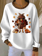 Women's Thanksgiving Print Ribbed Round-Neck Sweatshirt