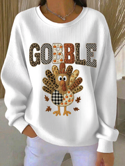 Women's Thanksgiving Print Lapel Long Sleeve Ribbed Round-Neck Sweatshirt