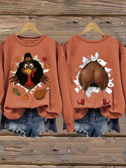 Women's Thanksgiving Turkey Print Crew Neck Sweatshirt