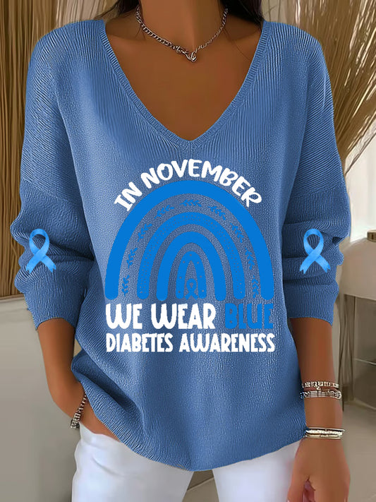 Women's  IN NOVEMBER WE WEAR DIABETES AWARENESS V-Neck Ribbed Top
