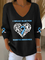 Women's I'M Wear Blue For Diabetes Awareness Print V Neck Sweater