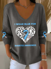 Women's I'M Wear Blue For Diabetes Awareness Print V Neck Sweater