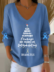 Women's Fatth ANBURENESS Enduranco SUPPORT Courage HOPE STRENGTH LOVE Determination DIABETES V-Neck Ribbed Top