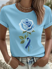 Women's Blue Rose Beaded Embroidered T-Shirt
