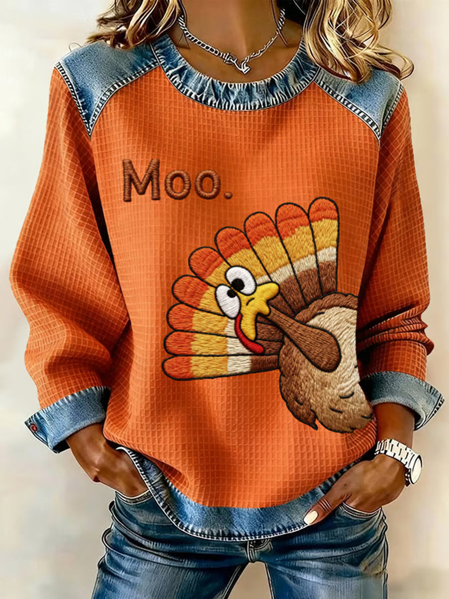 Women's Thanksgiving Printed Denim Patchwork Waffle Top