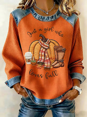 Women's Just A Girl Who Loves Fall Printed Denim Patchwork Waffle Top