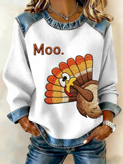Women's Thanksgiving Printed Denim Patchwork Waffle Top