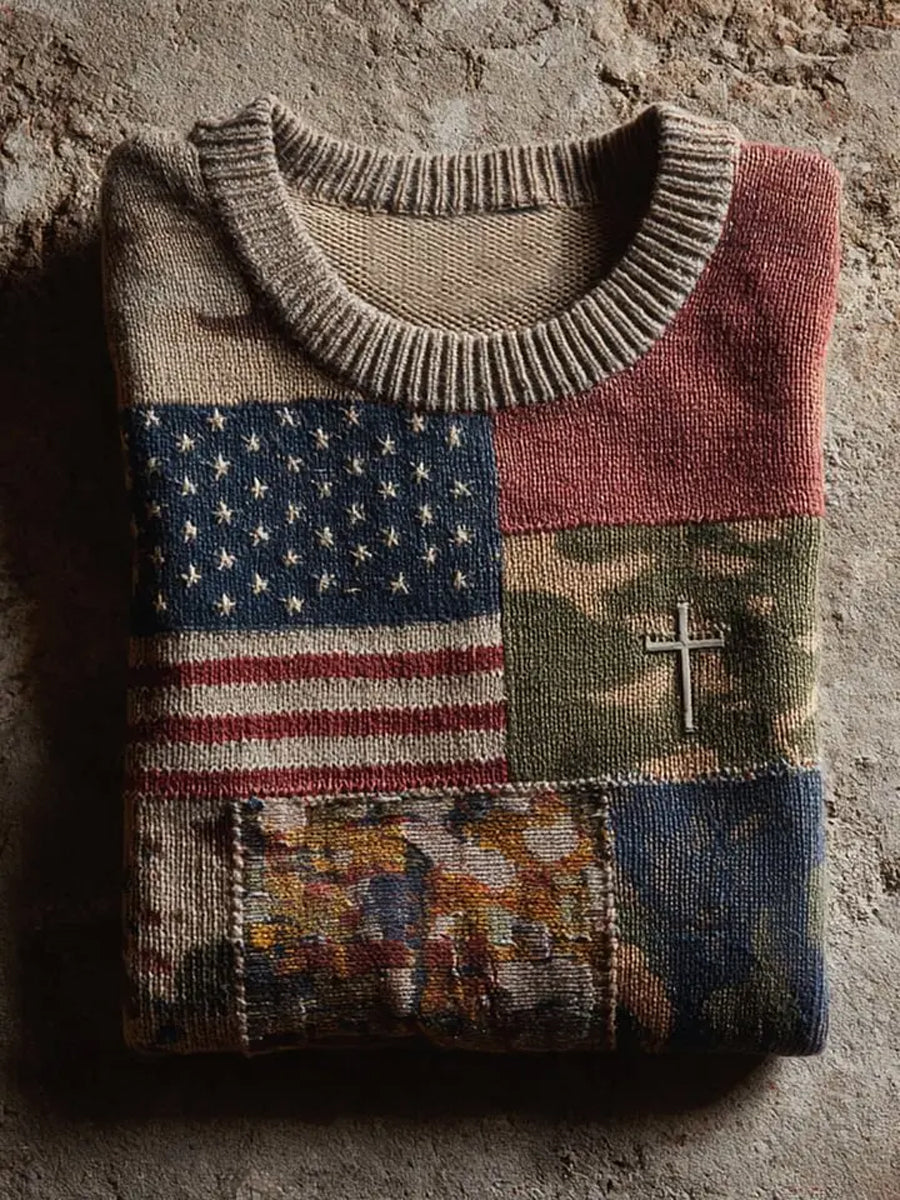 Men's Faith Cross America Flag Printed Sweater