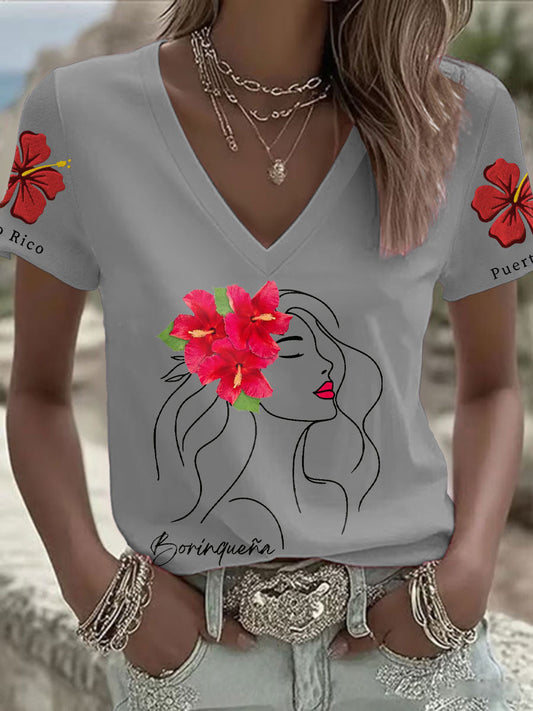 Women's Puerto Rico Flag Flower Art Printed T-shirt