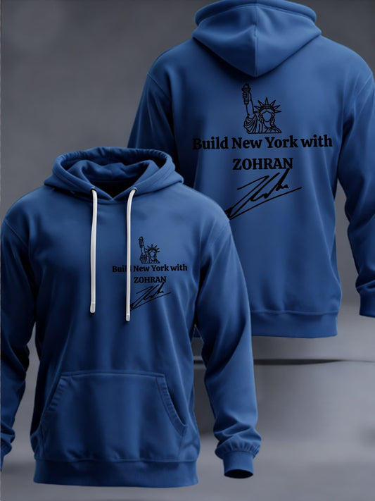 Men's  Zohran Mamdani Build New York with Zohran NYC’s First Muslim Mayor Zohran signature  Velvet Raglan Hooded Sweatshirt