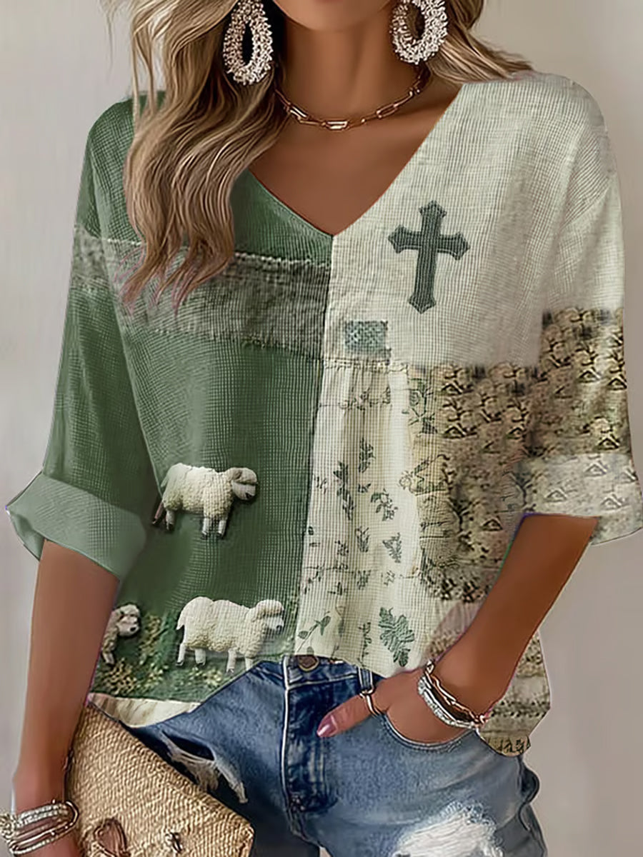 Women's Faith Cross Cute Lamb Print Waffle T-shirt