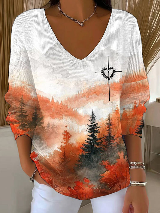 Women's Watercolor Landscape Cross Print Large V-neck Five-quarter Sleeve Top