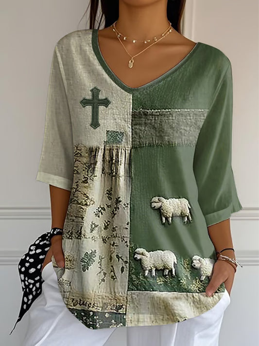 Women's Faith Cross Cute  Lamb Print Casual T-Shirt