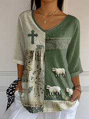 Women's Faith Cross Cute  Lamb Print Casual T-Shirt