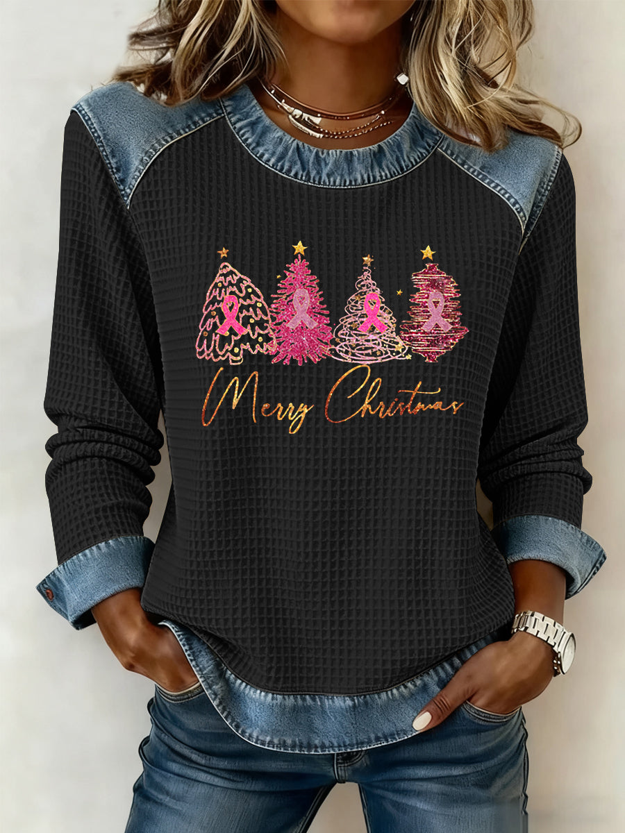 Women's Breast Cancer Awareness Merry Christmas Christmas Tree Print Casual Top