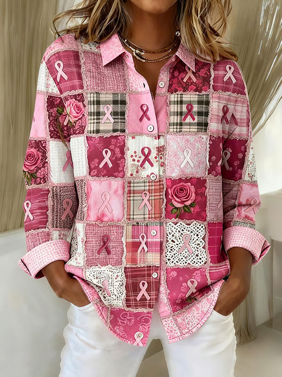 Women's Breast Cancer Patchwork Pink Ribbon Flowers Print Casual Lapel Shirt