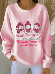 Women's Breast Cancer Awareness Christmas Snowman Pink Ribbon Ribbed Round-Neck Sweatshirt