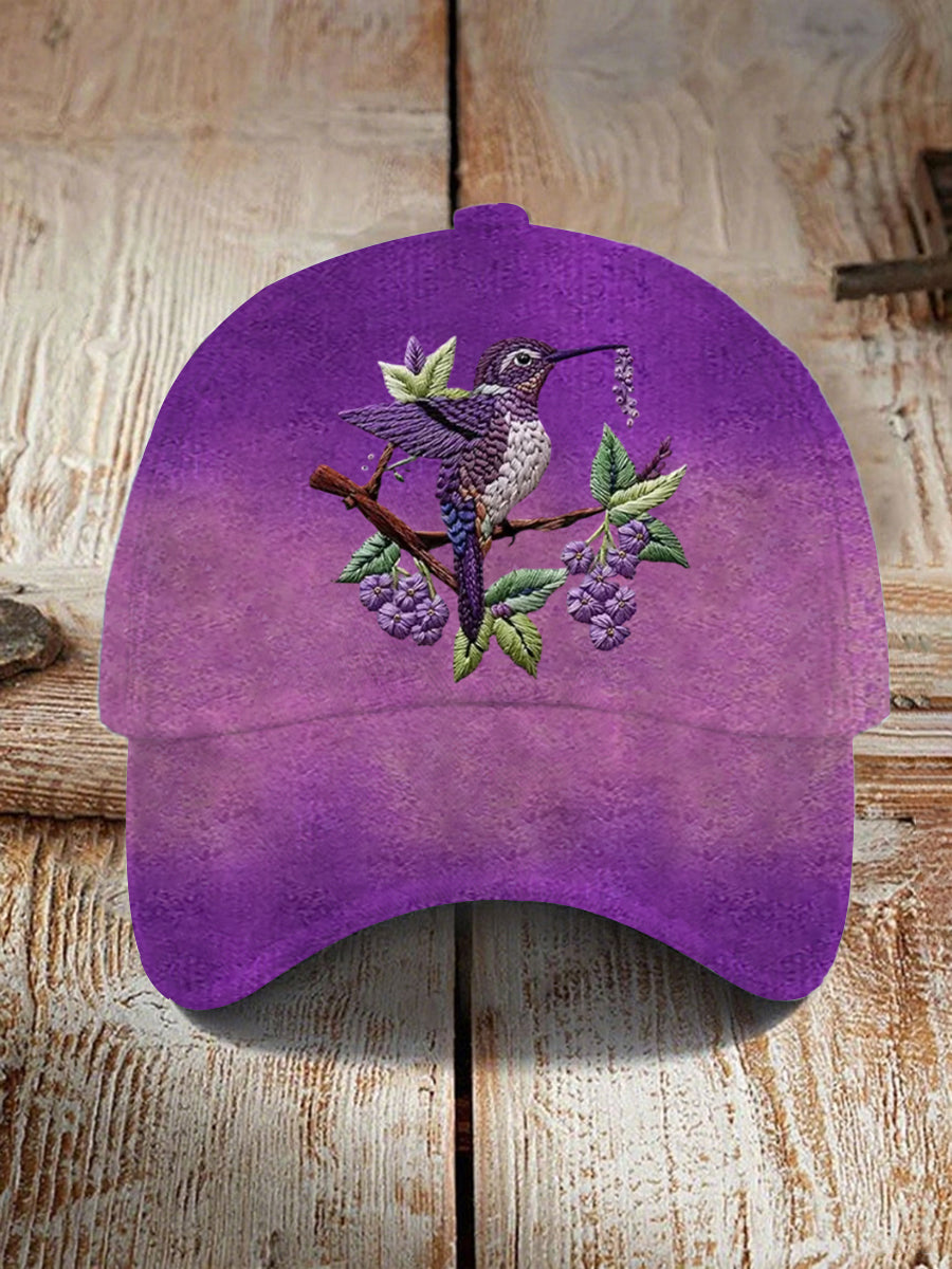 Unisex  Purple Gradient Hummingbird Floral Print  Hat